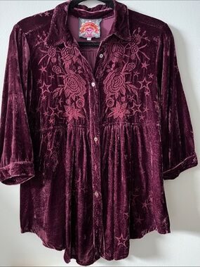 Johnny was silk blend maroon Roberta velvet smocked blouse button up embroidered